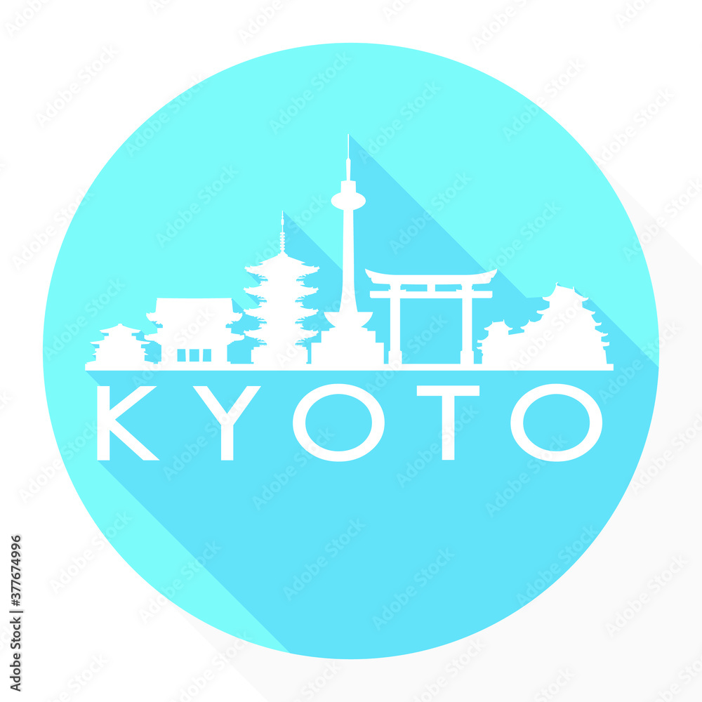 Fototapeta premium Kyoto Japan, Skyline Button Icon Round Flat Vector Art Design Color Background Logo.