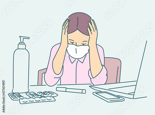 Healthcare, quarantine, protection, coronavirus infection concept. 
Ill young woman girl with medical face mask sitting in isolation in quarantine.