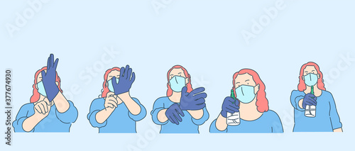 Healthcare, quarantine, protection, coronavirus infection concept. Young woman girl with medical face mask puts on gloves and pouring antiseptic.