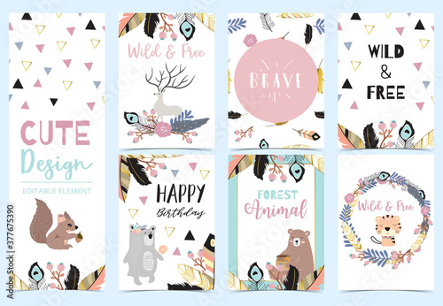 Collection of woodland cards set with reindeer,bear,flower,wreath,squirrel.Vector illustration for birthday invitation,postcard and sticker.Editable element