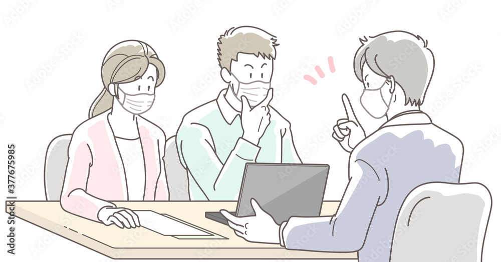 マスクを付けて商談する若い夫婦とビジネスマンのイラスト マスクを付けて商談する若い夫婦とビジネスマンのイラスト