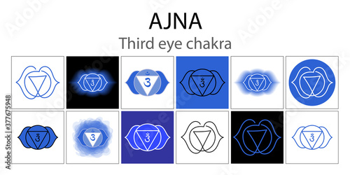 Ajna icon set. The sixth frontal chakra. Third eye. Vector indigo blue gloss and shine. One line symbol collection. Outline sacral sign. Meditation