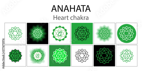 Anahata icon set. The fourth heart chakra. Vector green gloss and shine. One line symbol. Outline sacral sign collection. Meditation