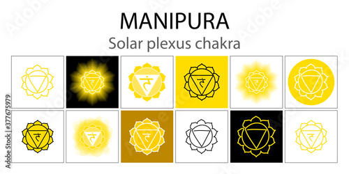 Manipura icon set. The third sun chakra. Vector yellow gloss and shine. One line symbol. Outline sacral sign collection. Meditation