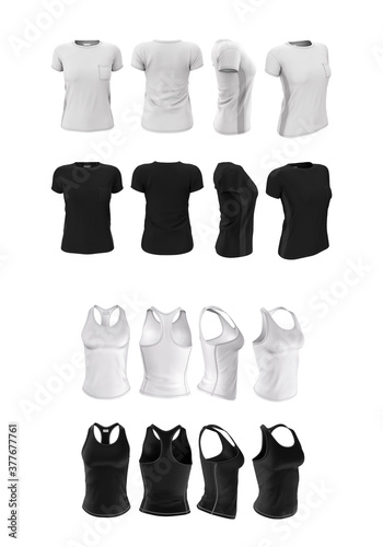 Black and white 3D realistic mock up, templates for women’s sportswear isolated on white background. 3d render. T-shirt and singlet from different views.