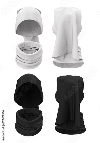 How to wear a seamless bandana around your neck and head. Front and back view. Black and white templates of clothes, accessories. Mock up isolated on a white background. 3d render.