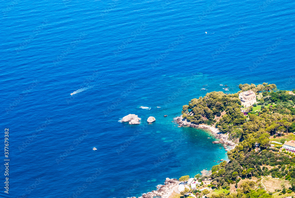 Panoramic view of Porto Maratea Mare from San Biagio mountain on Tyrrhenian sea coast near Maratea, Basilicata, Italy, Europe