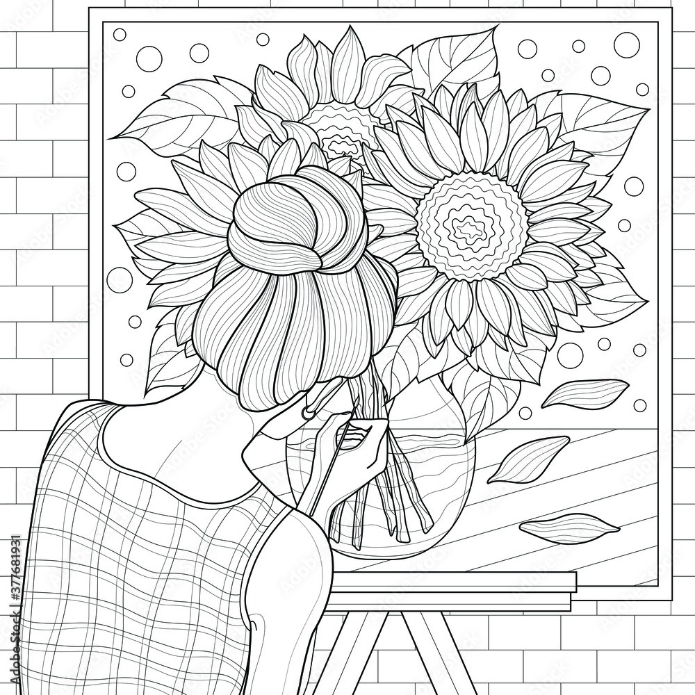 Fototapeta premium Girl draws sunflowers. Artist.Coloring book antistress for children and adults. Illustration isolated on white background.Black and white drawing.Zen-tangle style.