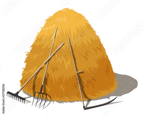 Haystack with forks, rake and scythe