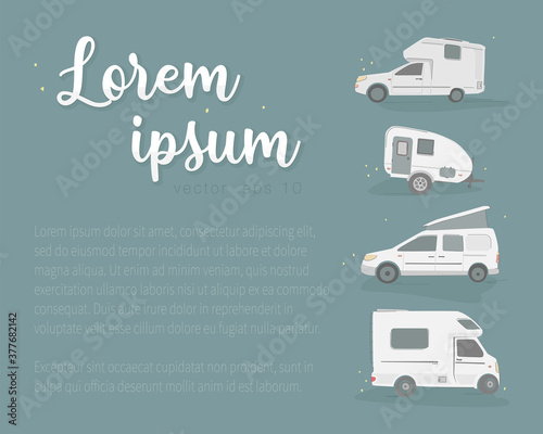 Vector background with rv camping trailers, travel mobile home, caravan. With copy space for design and text.