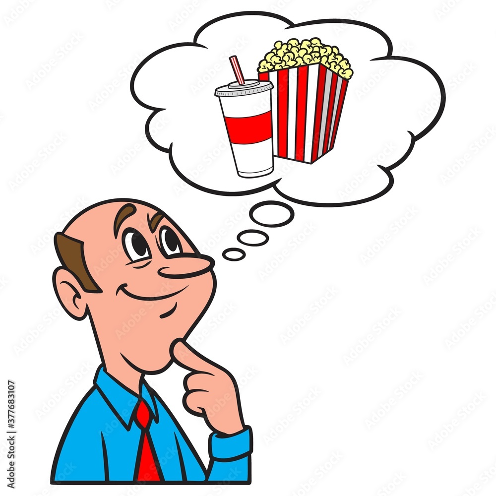 Thinking about Popcorn and Soda - A cartoon illustration of a man thinking about Popcorn and Soda. Thinking about Popcorn and Soda - A cartoon illustration of a man thinking about Popcorn and Soda.
