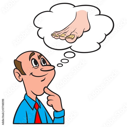 Thinking about Toenail Fungus - A cartoon illustration of a man thinking about Toenail Fungus.