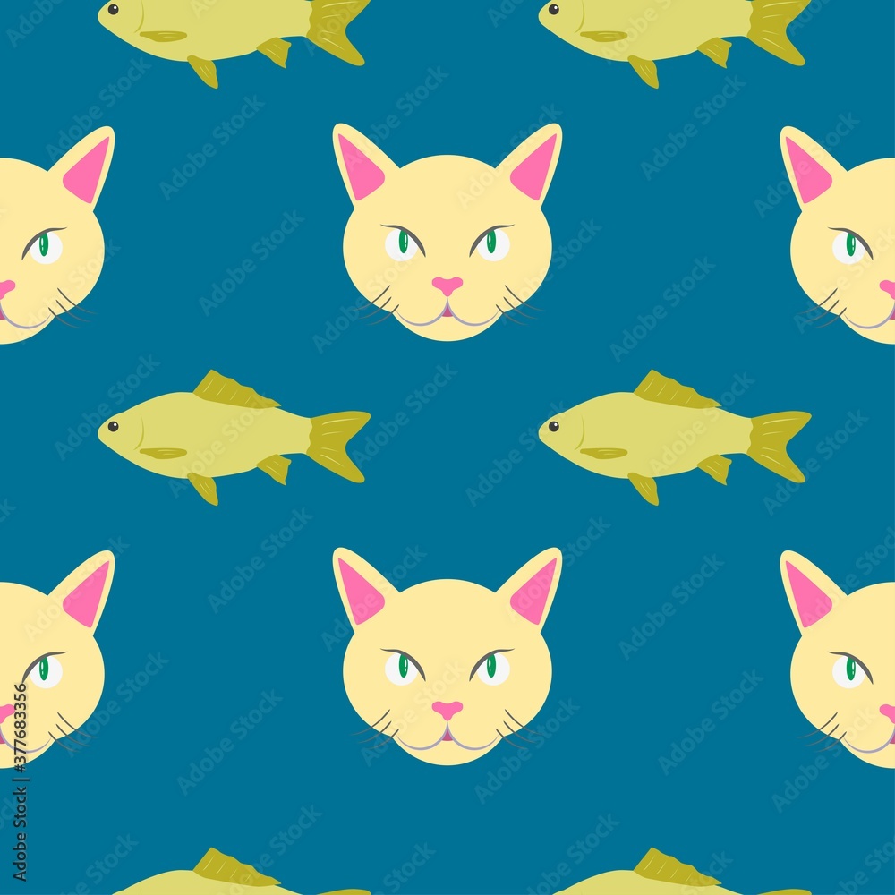 Vector illustration. Seamless pattern with muzzle of a cat and fish on a blue background. Design element for poster, banner, clothes.