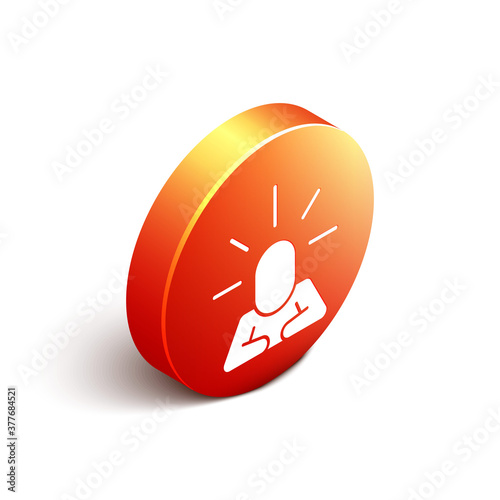 Isometric Depression and frustration icon isolated on white background. Man in depressive state of mind. Mental health problems. Orange circle button. Vector.
