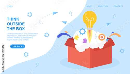 Think Outside the Box web page template with a light bulb rocket exploding from a red carton in a shower of sparks and copyspace for text, colored vector illustration