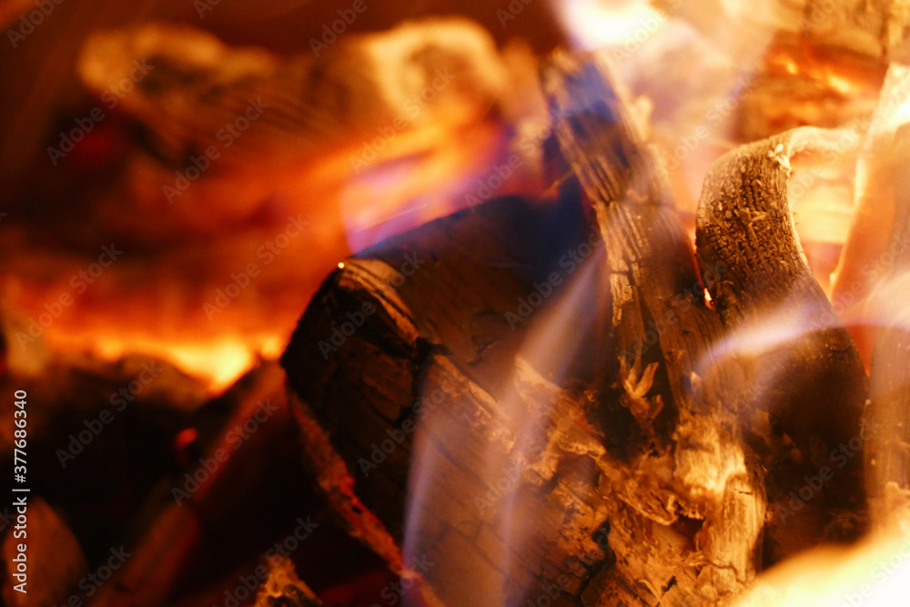 Hot flames of a fire, detail view of a campfire