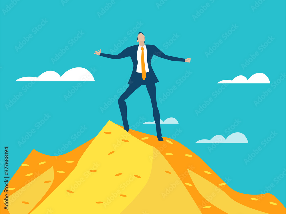 Successful businessman stands on top of  golden coins heap as symbol of achievement and success. Business concept illustration 