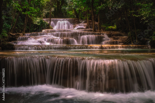 Huai Mae Khamin Waterfall   Landscape tropical rainforest at Srinakarin Dam  Kanchanaburi  Thailand.Huai Mae Khamin Waterfall is the most beautiful waterfall in Thailand. Unseen Thailand