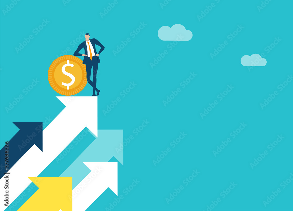 Successful businessman stands high up on arrow and as symbol of achievement and success. Business concept illustration Successful businessman stands high up on arrow and as symbol of achievement and success. Business concept illustration