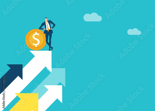Successful businessman stands high up on arrow and as symbol of achievement and success. Business concept illustration 