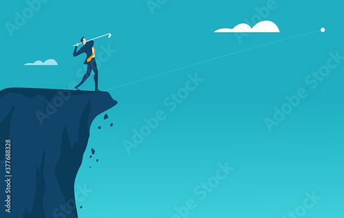 Successful businessman stands high up on cliffs and playing golf as symbol of achievement and success. Business concept illustration 