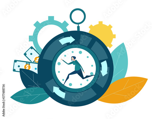 Business woman running inside of clock. Busy modern life, stressed and overloaded life concept