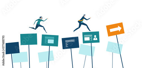 Business people running on poster boards as symbol taking other people's opinion as direction, make decisions, work together. 