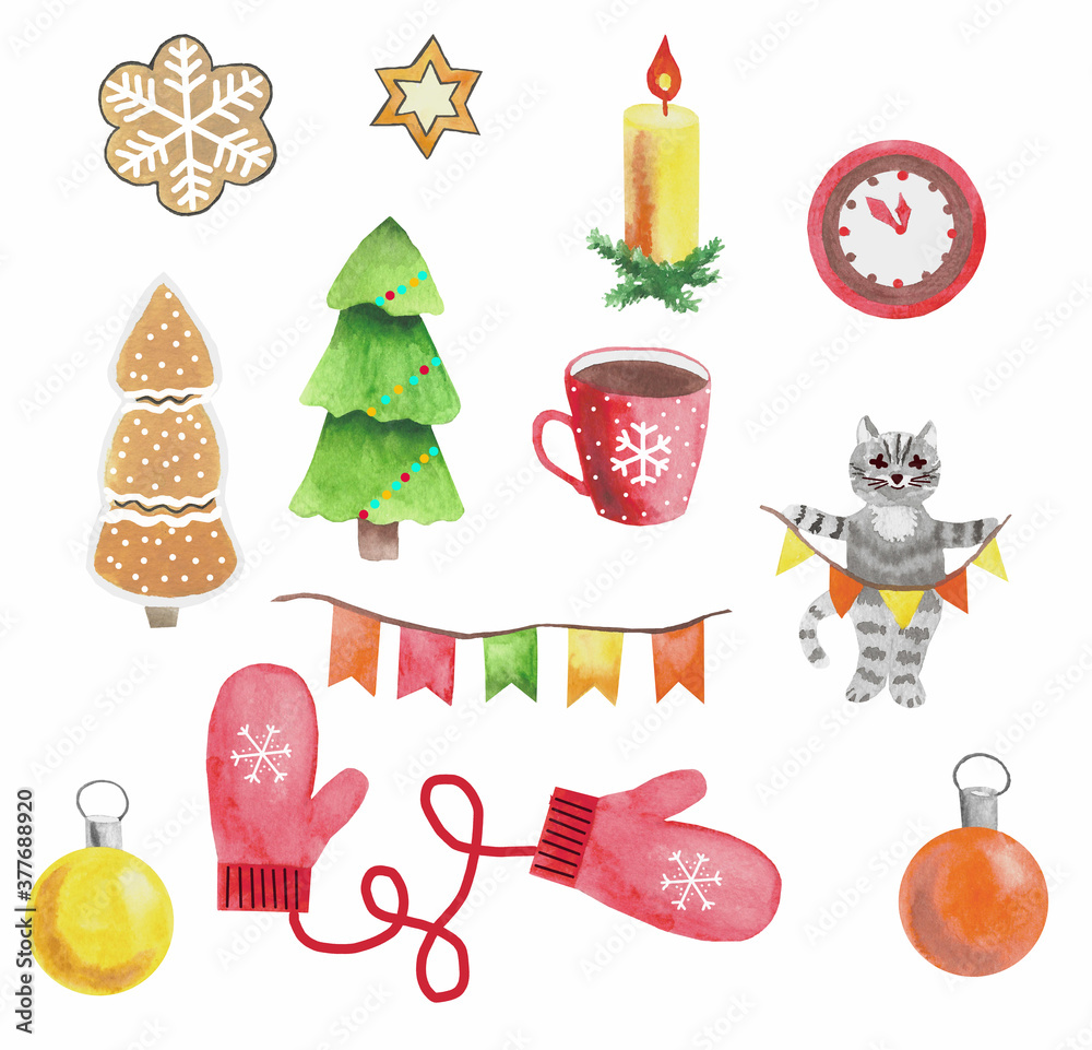 Fototapeta premium Watercolor Christmas set of illustrations. Kitten, watch, mittens, Cup of coffee, balls, spruce, flags, cookies, fir.