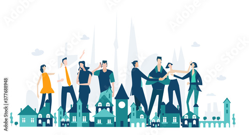 Successful business talk and meet friends in the city. Deal negotiation, discussing a project, developing new business. Business concept illustration 