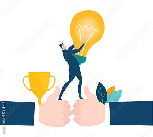 Businessman holding up light bulb. First place, the best banker. Business people get awards. 
