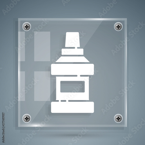 White Mouthwash plastic bottle icon isolated on grey background. Liquid for rinsing mouth. Oralcare equipment. Square glass panels. Vector.