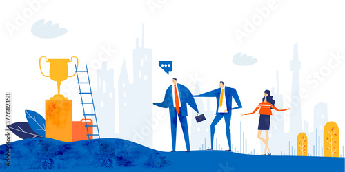 Group of young professional people with trophy. Winning team.  Award. Taking responsibilities, making designs and support current deal concept illustration. 