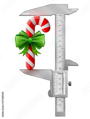 Vertical caliper measures candy cane with bow. Concept of measuring size of holiday candy stick decorated ribbon. Vector illustration for christmas, new year's day, dessert, winter holiday, food, etc