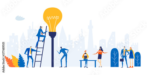 Group of young professional people working around light bulb. Taking responsibilities, making designs and support current deal concept illustration. 