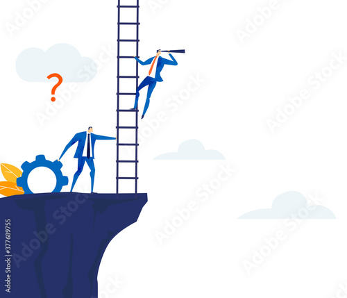 Businessman climbing up with the ladder and looking with the telescope. Ladder of success. 