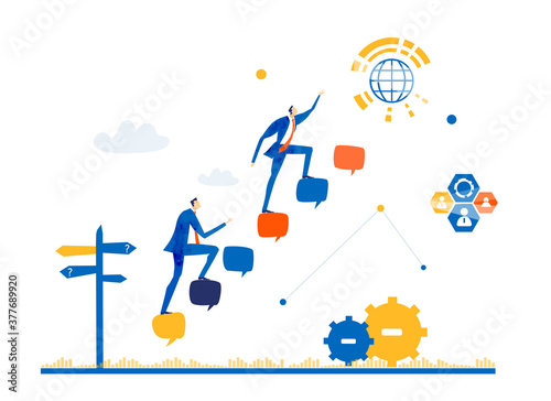 Business people walking up with the speech bubbles, as symbol of taking other people opinions and work together. 