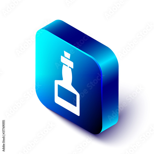 Isometric Tabasco sauce icon isolated on white background. Chili cayenne spicy pepper sauce. Blue square button. Vector.