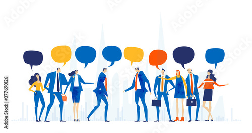 Business people with speech bubbles. Successful business people having a meeting in the city. Deal negotiation, discussing a project, developing new business. Business concept illustration 