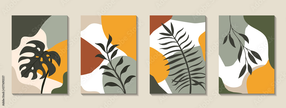 Set of posters with elements of tropical leaves and abstract shapes, modern graphic design.