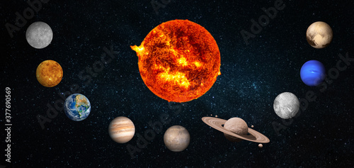 Fototapeta Naklejka Na Ścianę i Meble -  The solar system consists of the Sun, Mercury, Venus, Earth, Mars, Jupiter, Saturn, Uranut, Neptune, Pluto.Elements of this image furnished by NASA