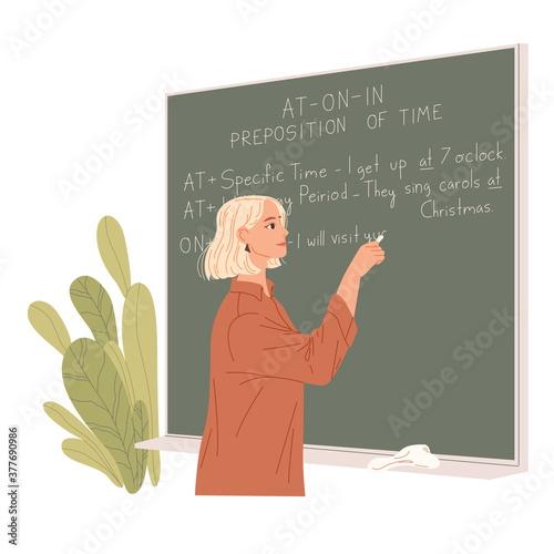 English teacher writes on a chalkboard. Foreign language lesson