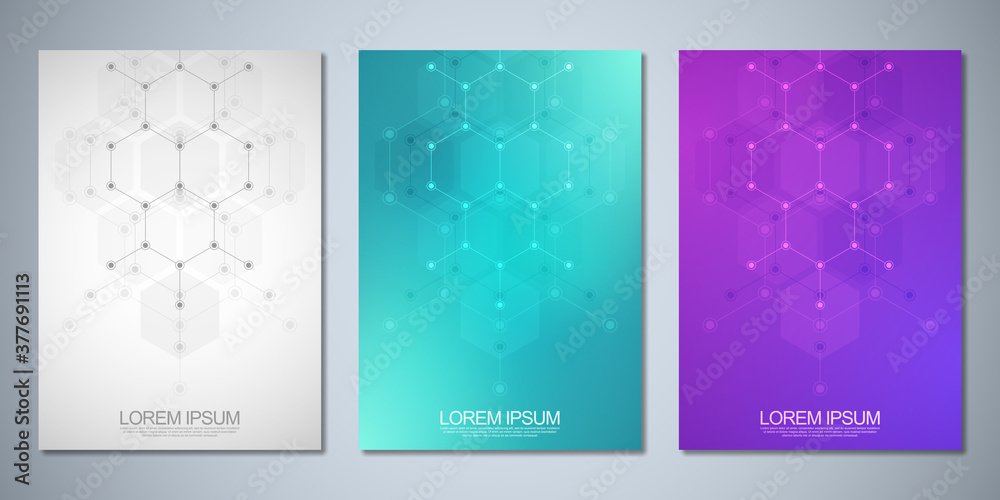 Template brochures or cover design, book, flyer, with an abstract background of hexagons shape pattern. Template design with concept and idea for science and innovation technology.