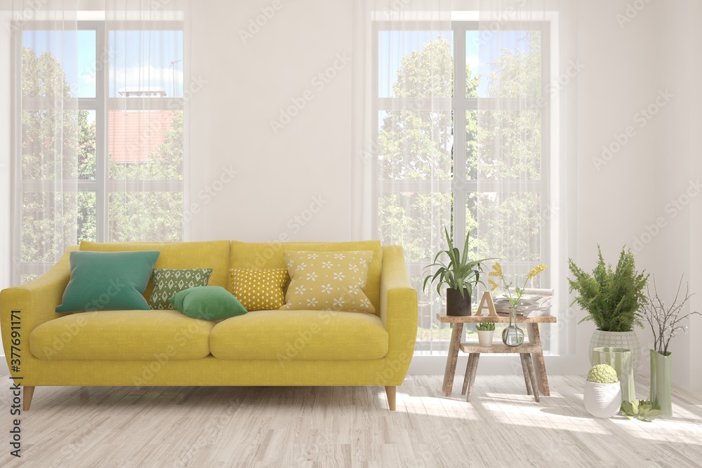 Fototapeta premium White living room with sofa. Scandinavian interior design. 3D illustration
