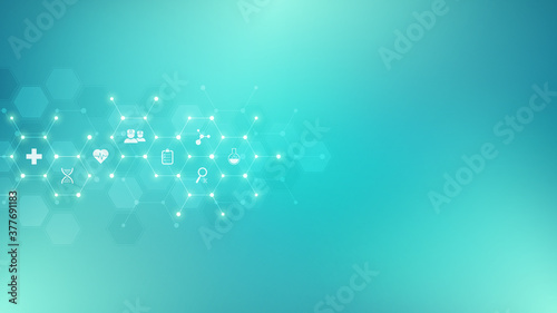Medical background with flat icons and symbols. Template design with concept and idea for healthcare technology, innovation medicine, health, science, and research.