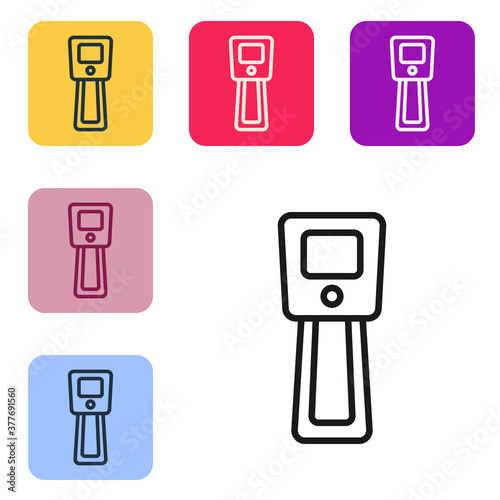 Black line Digital contactless thermometer with infrared light icon isolated on white background. Set icons in color square buttons. Vector.