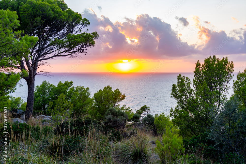 Sunset in Tramuntana mountains near Port Soller, western Mallorca, Spain