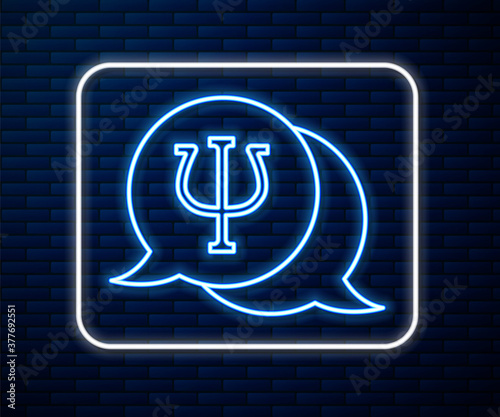 Glowing neon line Psychology icon isolated on brick wall background. Psi symbol. Mental health concept, psychoanalysis analysis and psychotherapy. Vector.