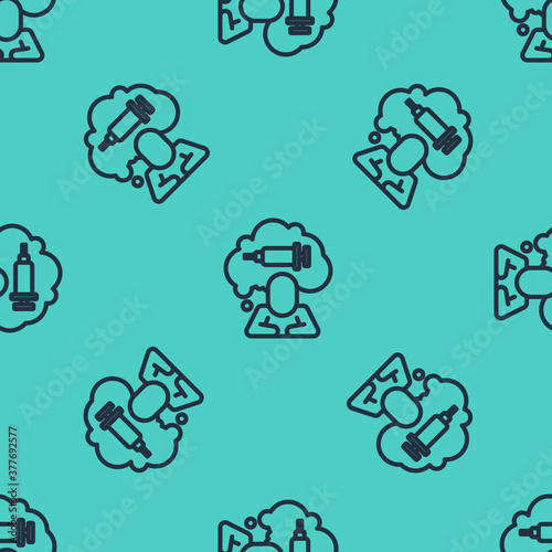 Black line Addiction to the drug icon isolated seamless pattern on green background. Heroin, narcotic, addiction, illegal. Sick junkie with a syringe and medical pills. Vector.