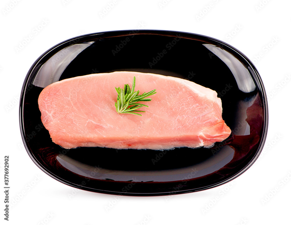 sliced raw pork meat with rosemary isolated on white background sliced raw pork meat with rosemary isolated on white background