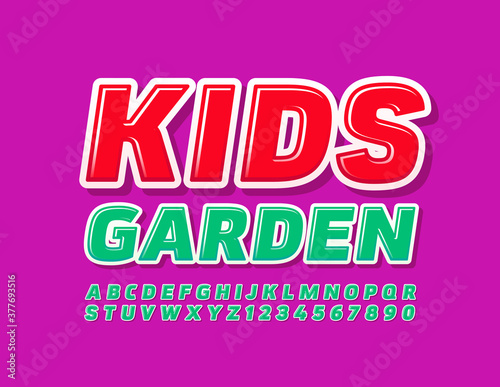 Vector education sign Kids Garden. Green bright Font. Modern Alphabet Letters and Number set 